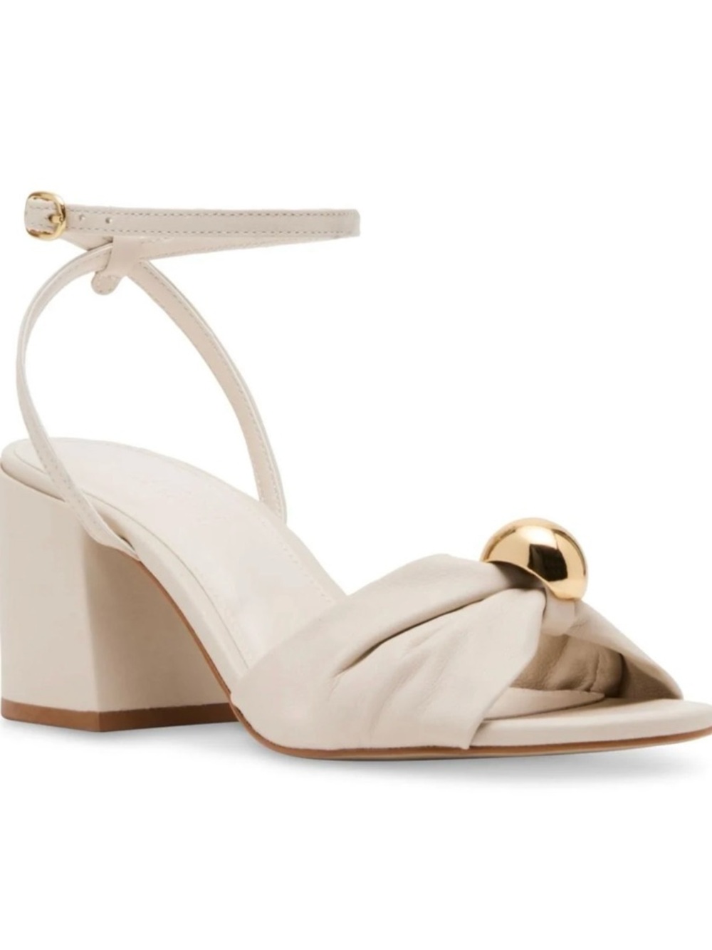 Steve Madden Ivory Knot Front Block Heel Sandal with Gold Orb